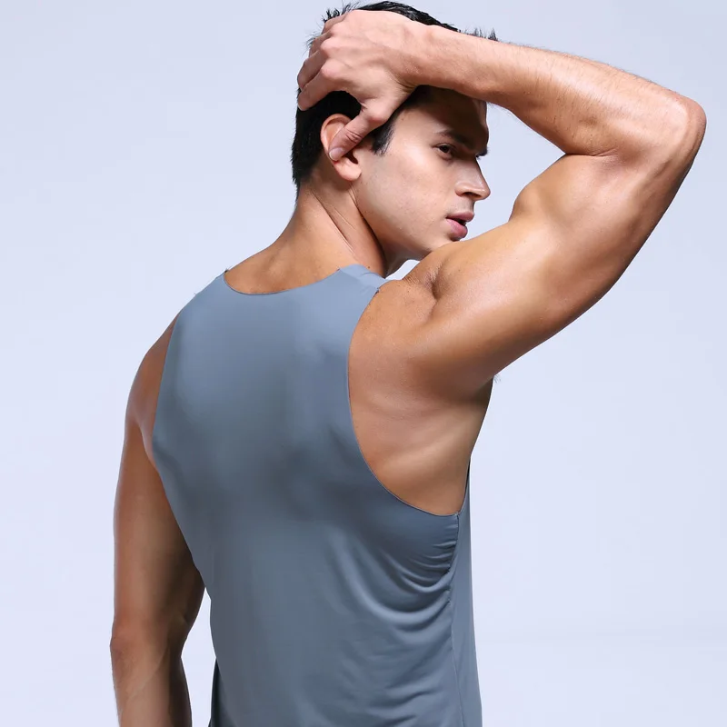 Men\'s Ice Silk Sports Seamless Solid Color I-Shaped Sweat Vest Single-Piece Sleeveless Tight Fitness One-Piece Bottoming Shirt