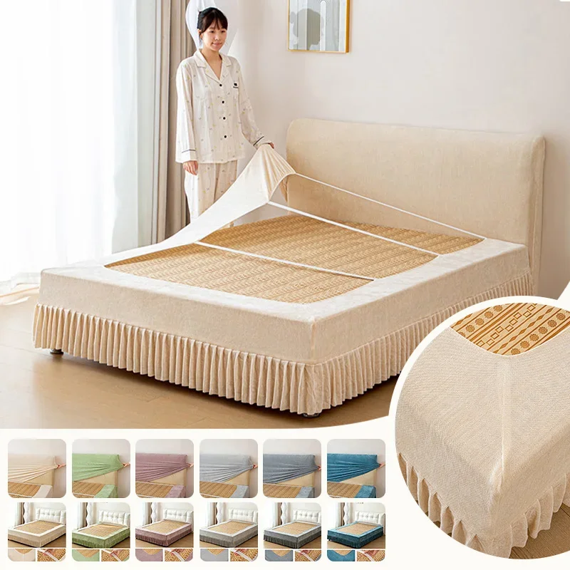 1.5M Chenille All-inclusive Dustproof Bed Skirt with Headboard Cover Washable Scratch Non Slip Bed Frame Protective Cover