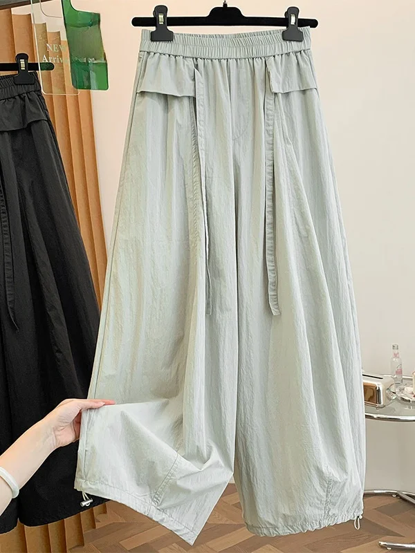 Korean Lazy Style Flower Bud Drapey Wide Leg Pants Women Summer Loose plus Size Cuffed Casual Pants Slimming Balloon Pants