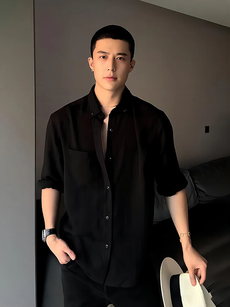 

Мужская летняя повседневная дышащая рубашка из чистого черного ледяного шелка с коротким рукавом в стиле британского преппи для сильных мужчин