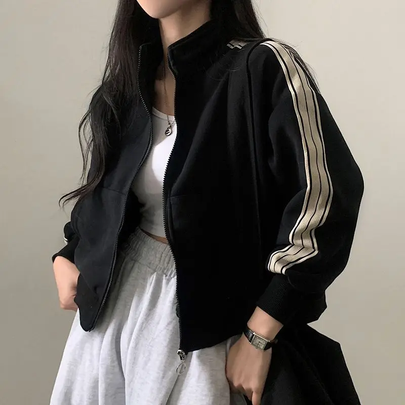 

Sweatshirt Jacket High Quality Side Stripe Zipper Stand Collar American College Style Women'S Pocket Loose Versatile Top