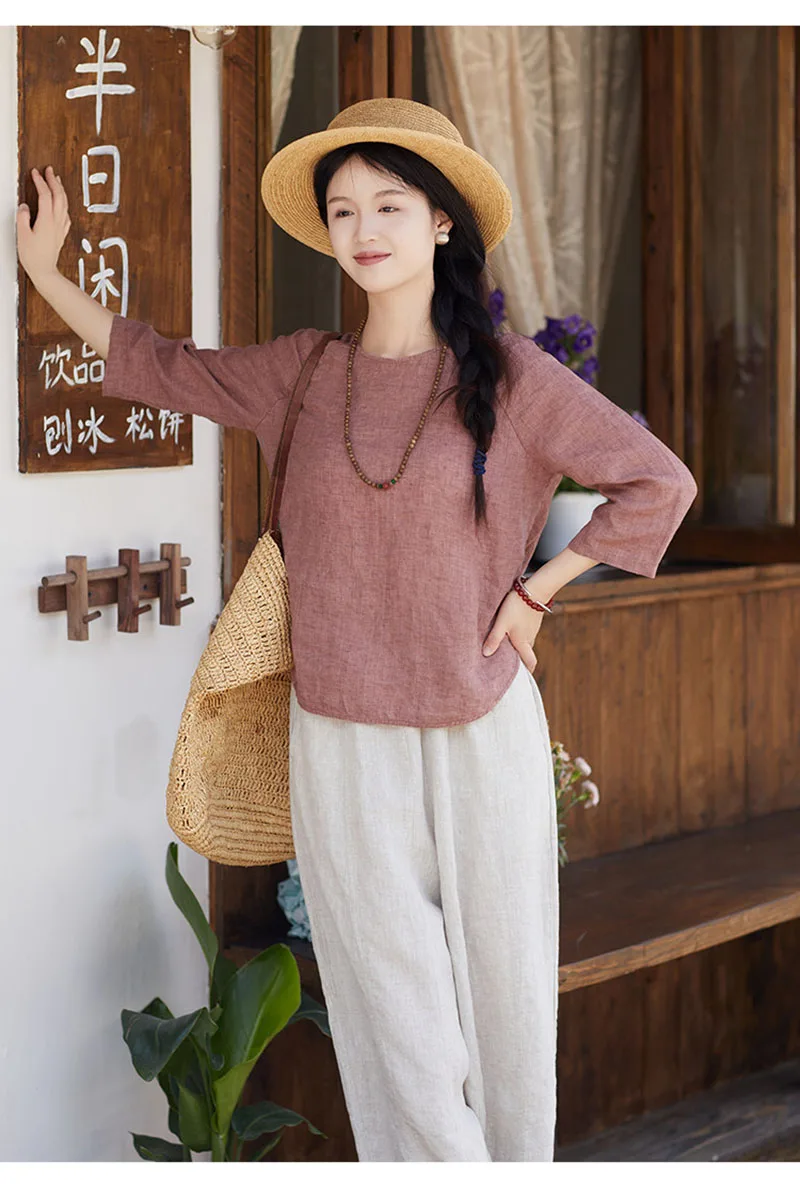 Natural Linen Lady's T-shirt - Spring and Summer Round-neck Hooded Top - Simple, Comfortable, Cool and Breathable Shirt