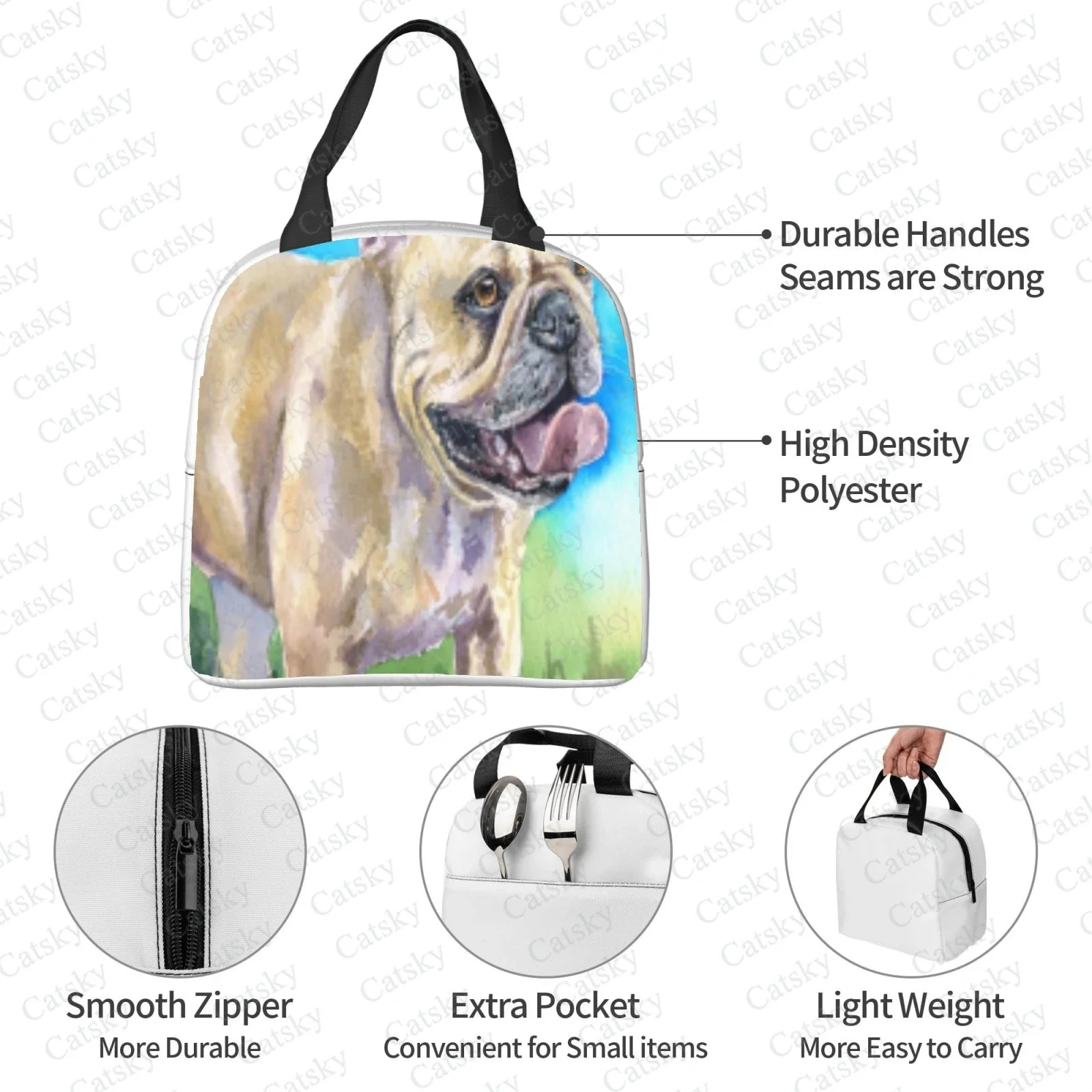 Bolsa de almuerzo portátil de dibujos animados de bulldog Francés, papel de aluminio grueso, aislamiento térmico, impermeable, bolso de mano