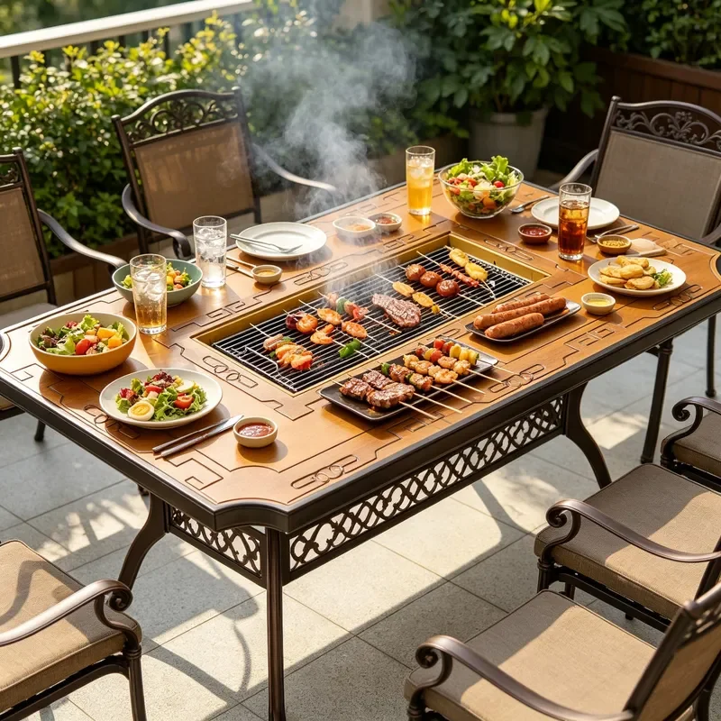 Outdoor Cast Aluminum Barbecue Table Rectangular Multifunctional Patio Grill Station for Household Terrace Retro Style
