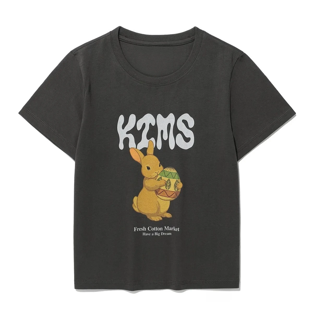 한국어 다이렉트 메일 Kims Retro Easter Egg Rabbit Letter Print 크루 넥 반팔 티셔츠 Ins 한국 커플 의류 루즈