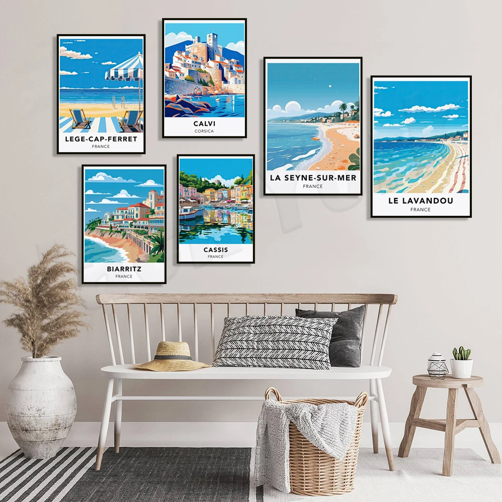 Постер для путешествий villeоткрыть-sur-Mer, Lege-Cap-феррет, Le Lavandou, кассис, Ла-сюр-Мер, Les Forles-пузырь, Биарриц, Франция