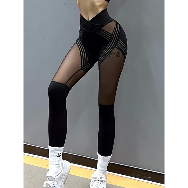 Krisnanas Patchwork Mesh Yoga Pants Woman 2025 High Waist Hip Lifting Tights Quick Dry Sportwear High Strecth Leggings 141548