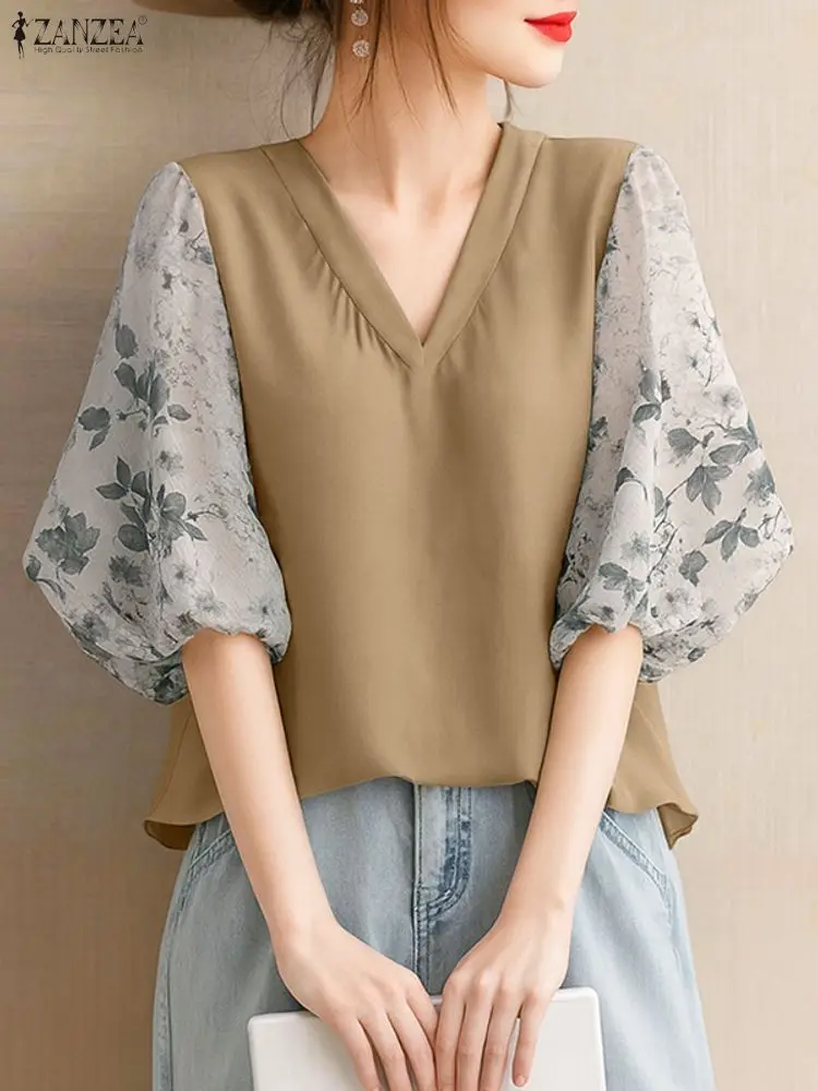 

Stylish Women Patchwork Blouse ZANZEA Elegant Summer Office Shirt Casual V Neck 3/4 Sleeve Tunic Tops Female OL Work Blusas 2025