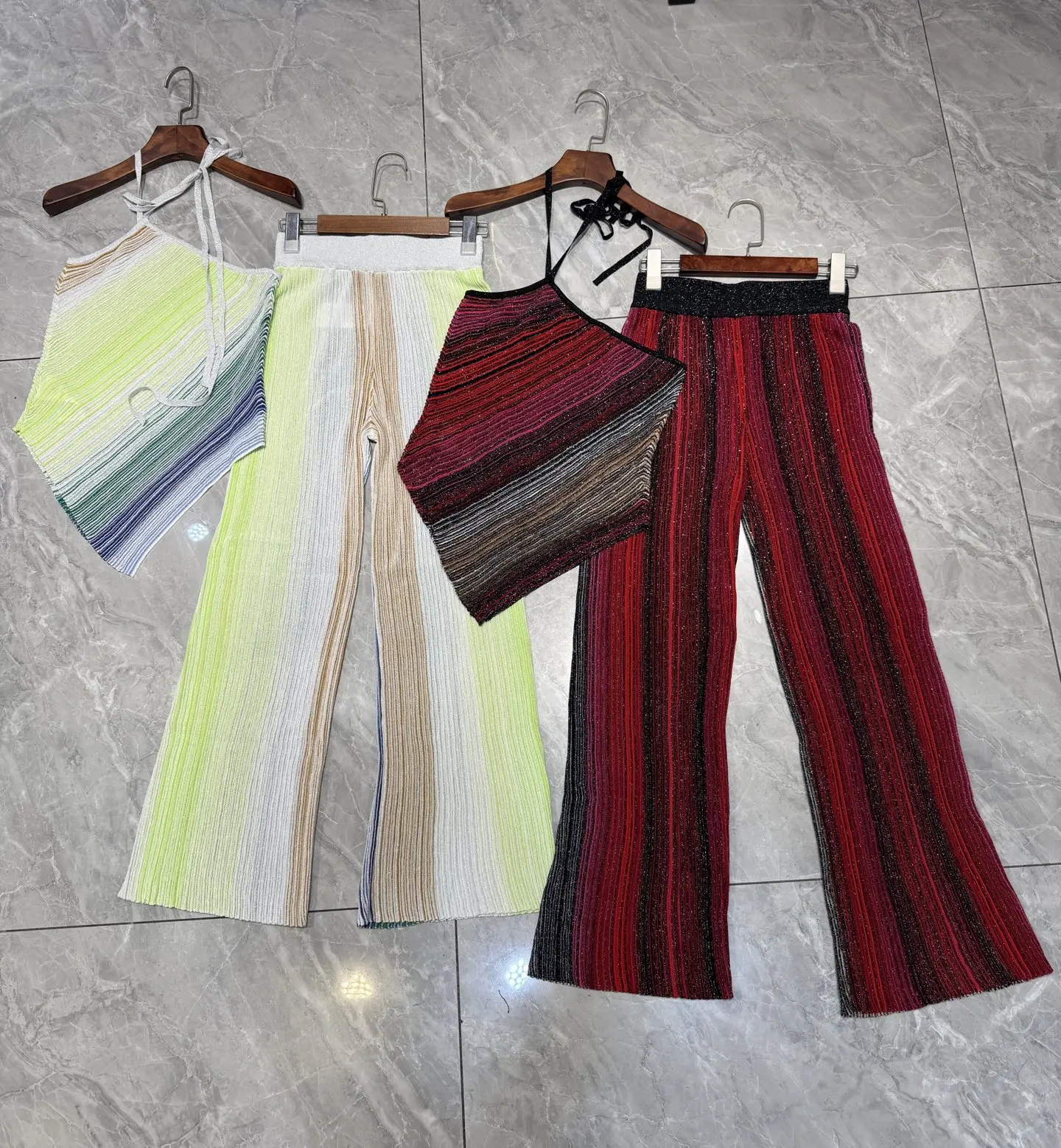 2 Colors Women Sequined Striped Knitted Set Slanted Shoulder Sleeveless Camisole Top + Elastic Waist Straight Long Pants Suits