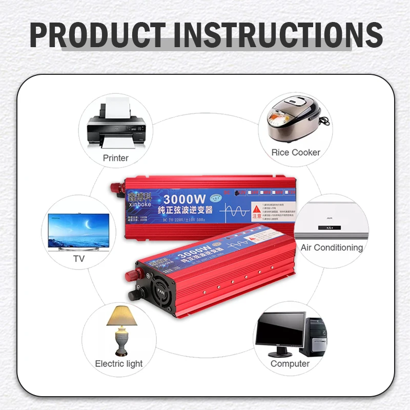 Pure Sine Wave อินเวอร์เตอร์พลังงานแสงอาทิตย์ DC 12V To AC 220V 1000W 1600W 3000W 50Hz หม้อแปลงไฟฟ้าแรงดันไฟฟ้า Converter สำหรับ Home Improvement