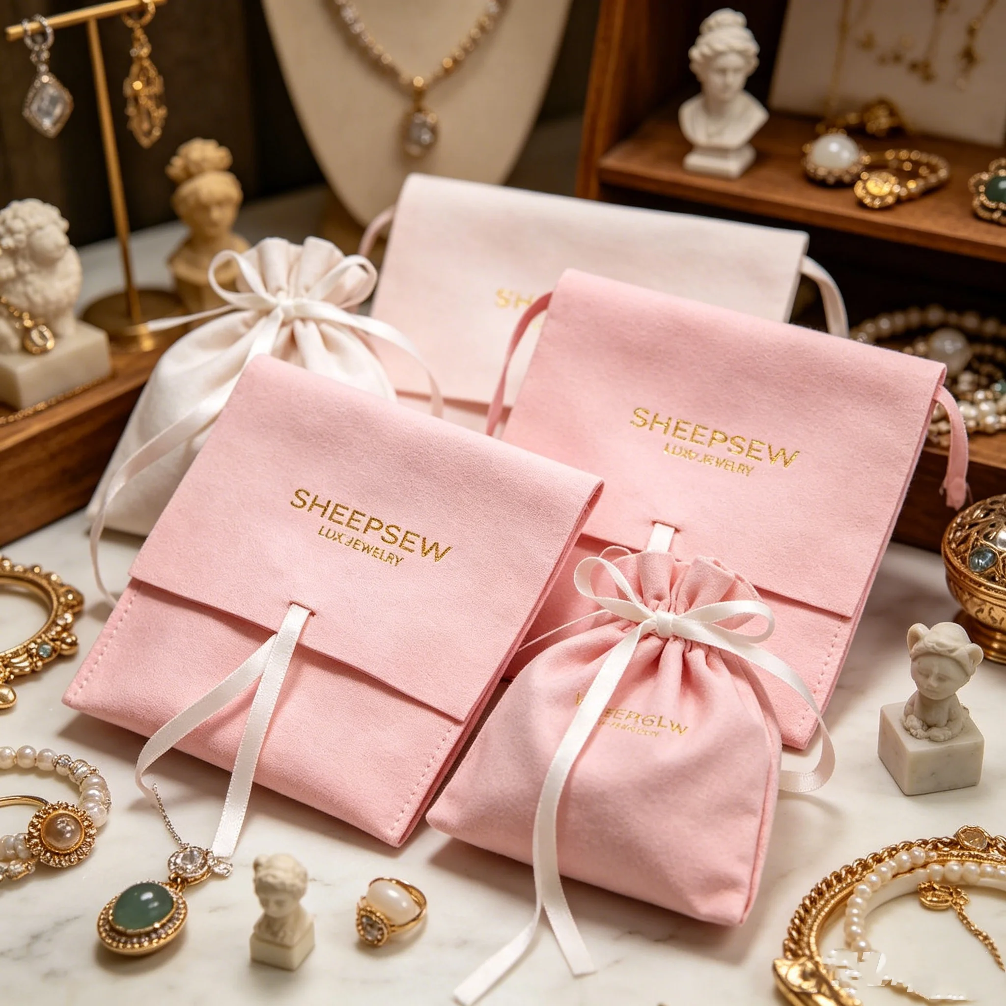 

SHEEPSEW 8*10 cm White Custom Flap Microfiber Jewelry Pouch String Closure Microfiber Pouch