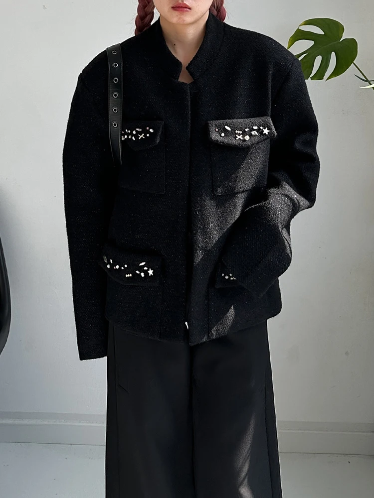 

Элитное шерстяное пальто свободного кроя с жемчужной отделкой и подплечниками, весна-осень, класса люкс