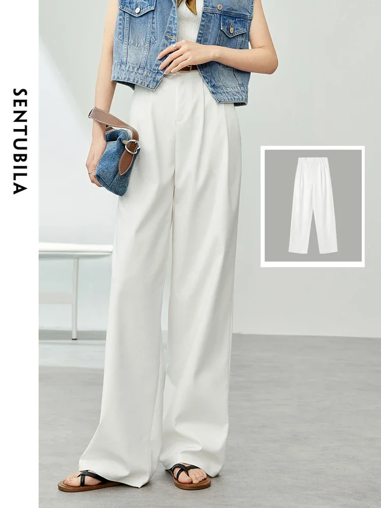 SENTUBILA Cotton High Waist Baggy Pant Women 2024 Summer Straight Wide Leg Casual White Pants Comfort Women\'s Trousers 141K53821