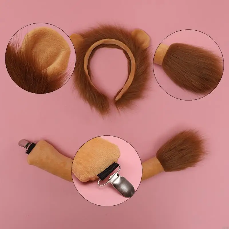 63HE Cosplay Hair Hoop Furry Lion Ears Tails Photo Prop Halloween Party Costume