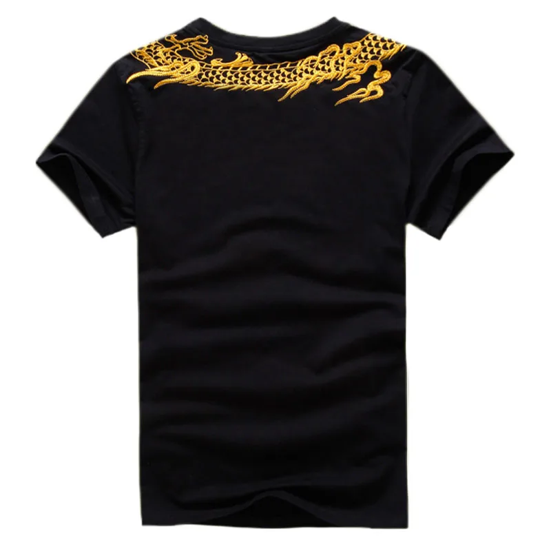 Golden Dragon Embroidery Men Cotton T-Shirt 2024 New Casual Summer Tops Short Sleeve Tee Shirts Black / White