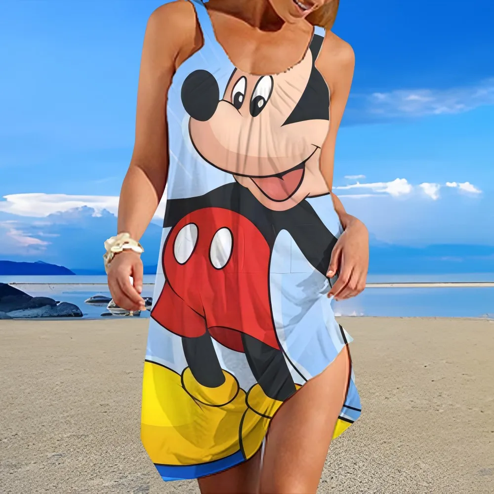 

Fashionable and colorful Disney cartoon printed women's casual strap skirt comfortable round neck knee-length beach skirt