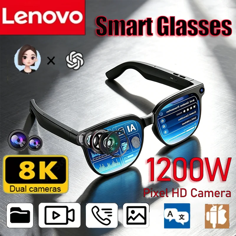Lunettes intelligentes Lenovo AI avec caméra 8K, contrôle tactile, enregistrement photo, assistant vocal, traducteur, musique, Bluetooth sans fil, lunettes de soleil