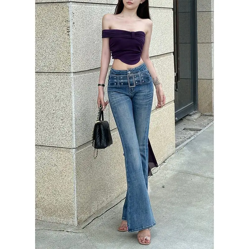 

Новые модные женские джинсы-клеш с низкой посадкой, облегающие, из денима с эффектом потертости, для стильных девушек, любящих уличный образ