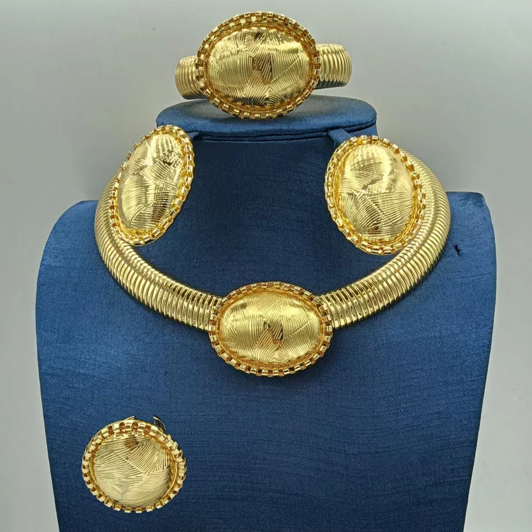 Simple Elegant Two Tone Oral Jewelry Set Fashionable Textured Necklace Bracelet Earrings Ring 4PC Jewellery for Wedding Party