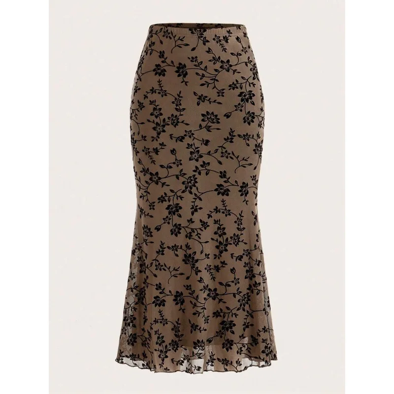 

N 95410 Mesh Print Midi Skirt Floral Netting Half Skirt Women's Spring Summer Fashion Casual Skirts Cross-Border