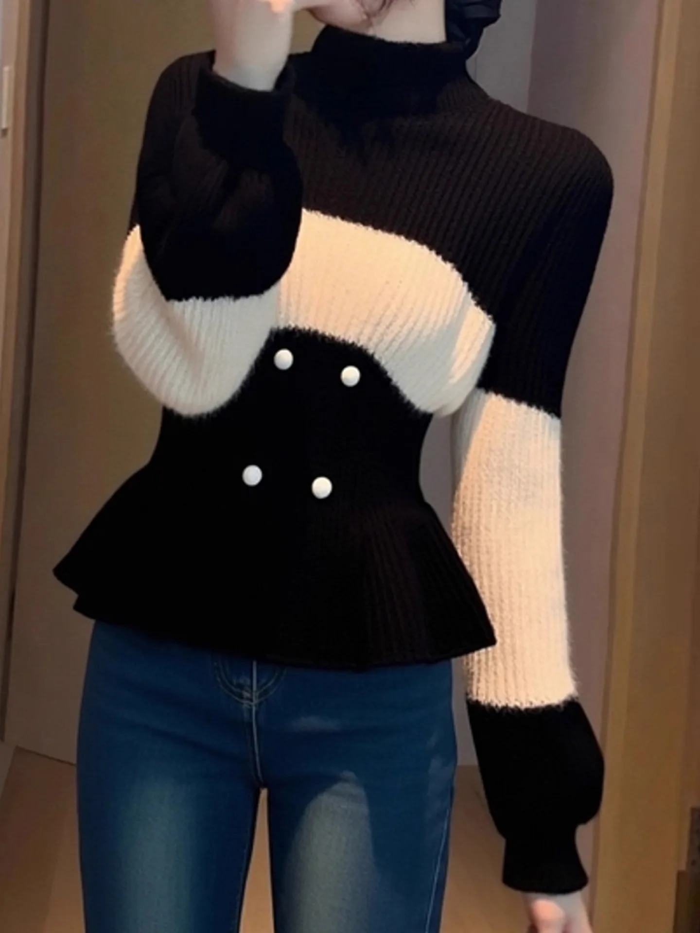 Slim Fit Long Sve f High Ne tricots femmes automne hiver Sle doux Sle dentelle garniture pull décontracté en ligne exclusif