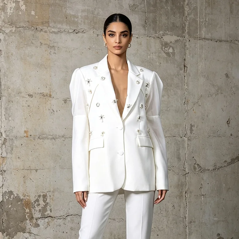 Women's Blazer Fashion Elegant Solid 3D Floral Beaded Waist-cinching Long Sleeve Jacket Design Niche Single Breasted Suit-Coat