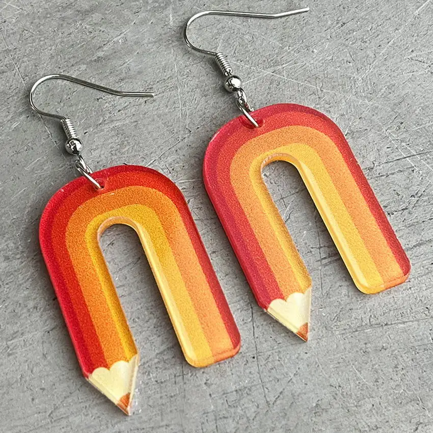 Back to School Rainbow Stripe Acrylic Pencil Arch Earrings for Women Teacher Appreciation Gifts Free Shipping