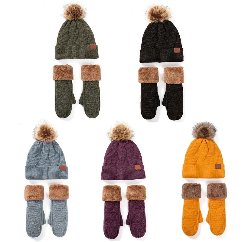 

2 Piece Women Winter Beanie Hat Gloves Set Thick Faux Fleece Lined Warm Cable Knit Cuffed Skull Mittens