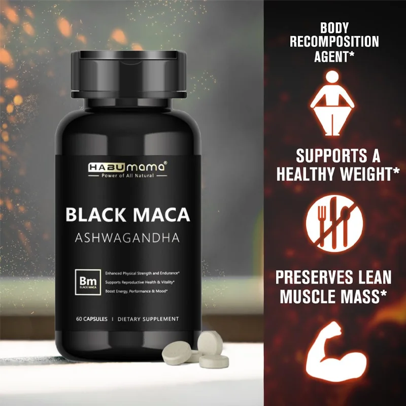 Black Maca supplement, helps energy & endurance & strength and immune system, GMO-free, vegetarian friendly, 60 capsules/bottle