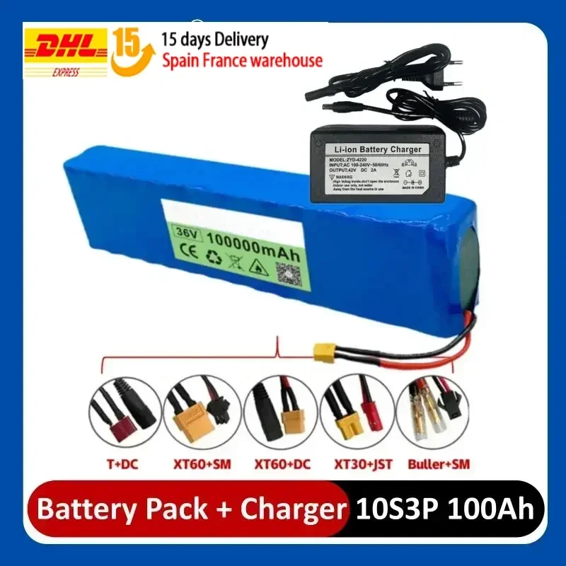 36V 100Ah 18650 wiederaufladbarer Lithium-Akku 10S3P 1000W Leistung für modifizierte Fahrräder, Roller und Elektrofahrzeuge mit BMS+Ladegerät