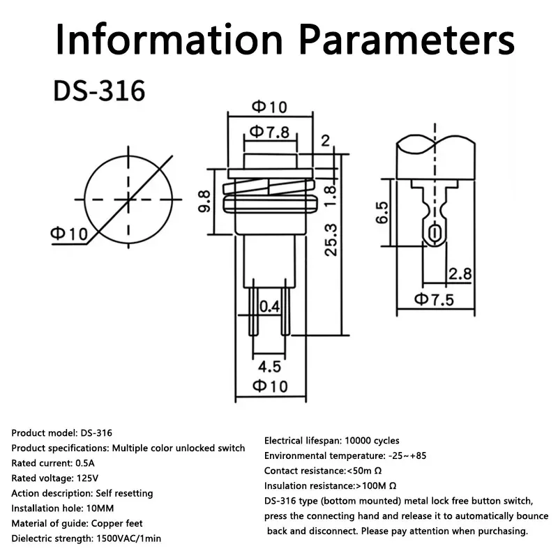 10 Stück DS-316 Gelber 10mm Runder Selbstrückstellender Netzschalter Ohne Verriegelung 2-Pin 0,5A 250V AC Momentaner Druckschalter – Detail 5