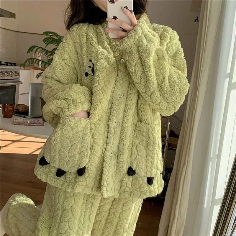 Panda Pajama Woman Autumn and Winter Coral Velvet 2025 New Thickened Velvet Cartoon Warm Outside Wear Home Wear Set Nightgown