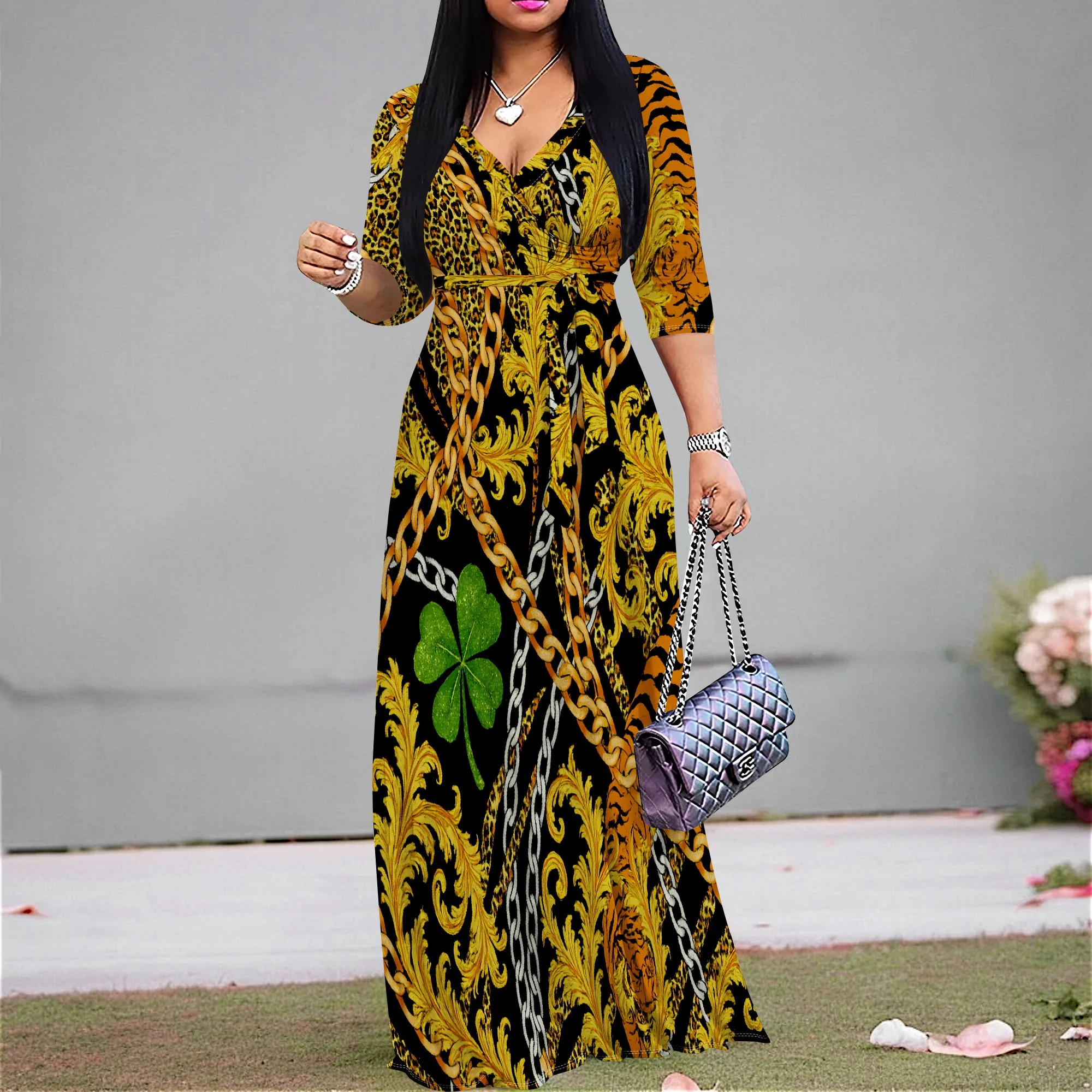 

Women's Elegant Vintage Baroque Print Maxi Dress V-Neck 3/4 Sleeve High Waist A-Line Party Dress for Holiday Season XS-3XL