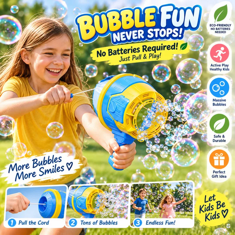 Battery Free Bubble Gun Machine, Kids Handheld Gatling Blaster Outdoor, Summer Water Toy, Birthday Gift For Boys Girls