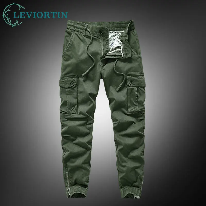 Men's Washed Multi-Pocket Cargo Pants Autumn Solid Color Zipper Cuff Casual Pants Sports Wear-Resistant Loose Jogger Trousers