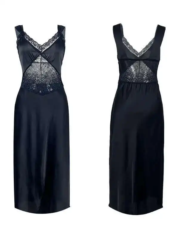 Sexy Nachtwäsche Damen rückenfrei tiefes V-Hosenträger ärmelloses Nachthemd Satin Pure Desire Spitze Französisches High-End-Hauskleid DE9Y