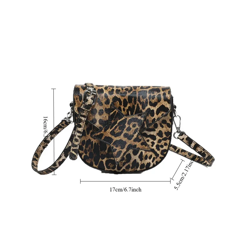 Rock Style Leopard PU Women Hobo Bag Fashion Lite Luxury Star Flap Crossbody Bag Versatile Casual Adjustable Strap Saddle Bag