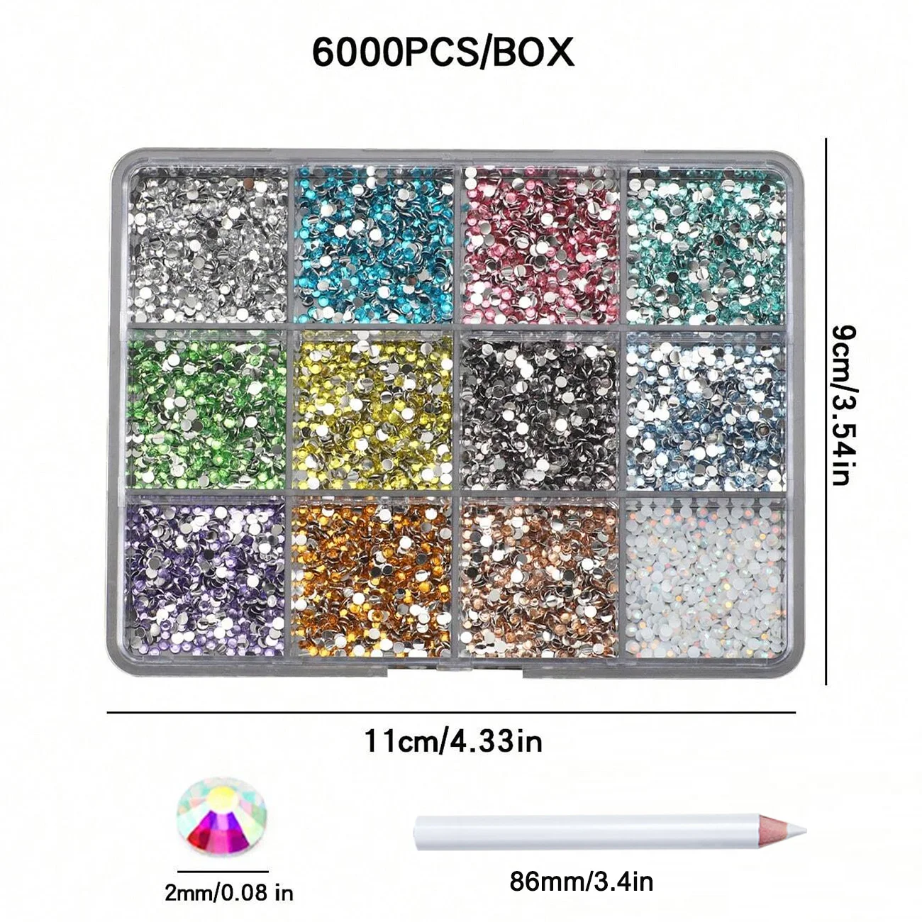 6000PCS 12 Colors Flatback Resin Rhinestones for Nail Art with Wax Pencil, Multicolor AB 2mm Nail Gems and 3D Nail Charms view 4