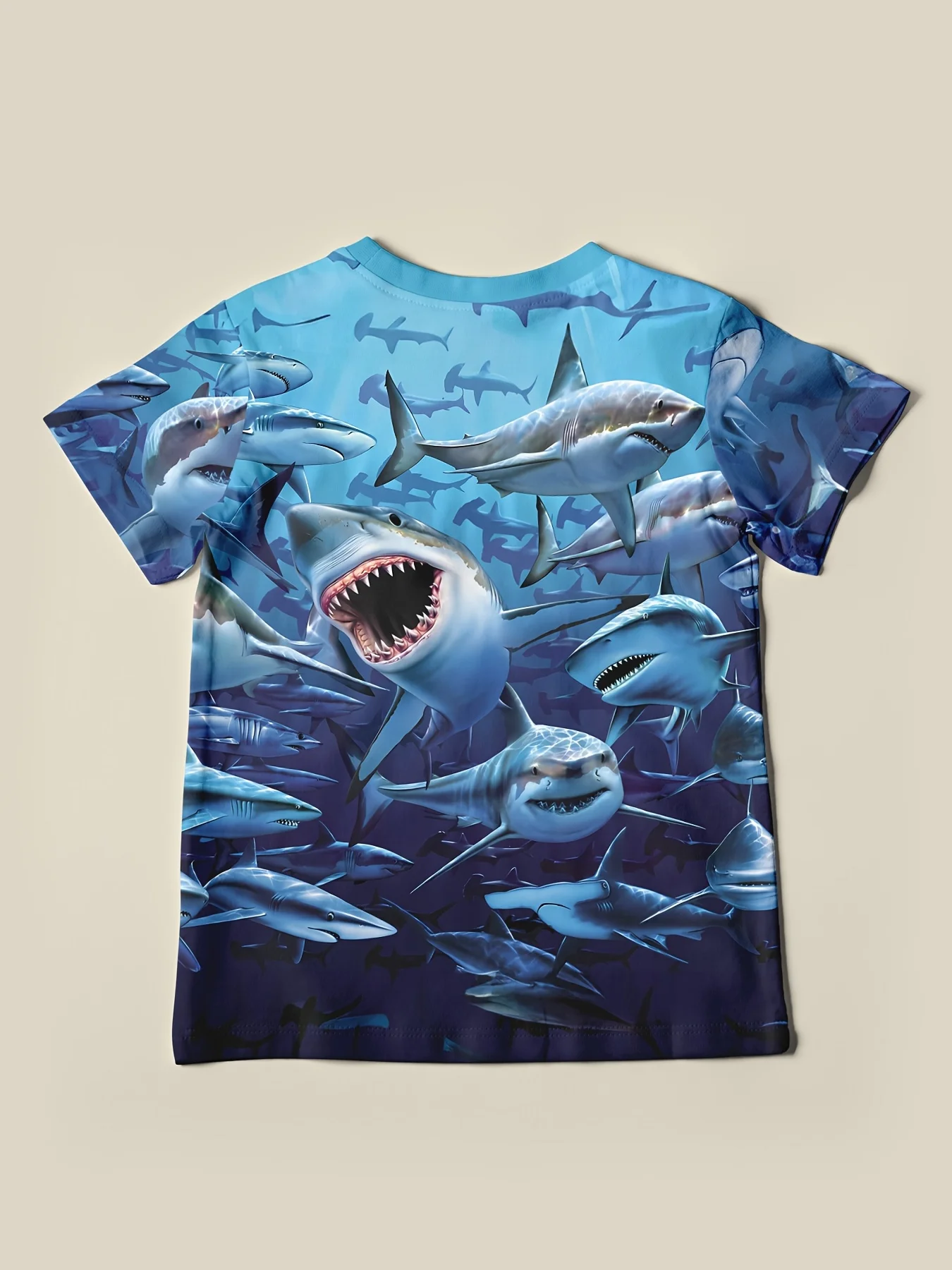 3D Printed Deep Sea Shark Boys Round Neck t-shirt Short Sleeve Peplum Casual Summer Micro Stretch Ice Silk Fabric T-Shirt Top