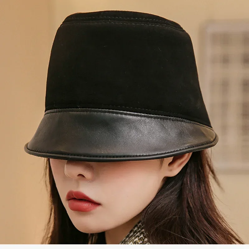 Korea Niche Designer Retro Genuine Leather Women Bucket Hat Lady Brown Fisherman Splicing Gorro Women Cover Face Street Basin Ca