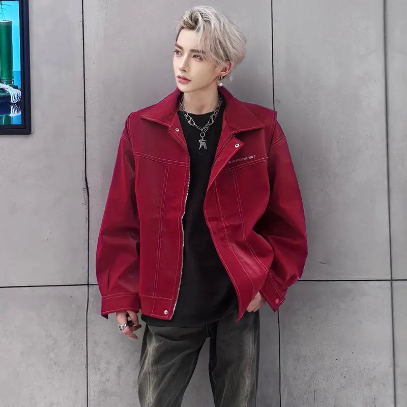 

American Sle Cleanfit Red Leather Jaet Men's Spring New Retro Cool Streetwear Motorcycle PU Leather Coat Youth Faion