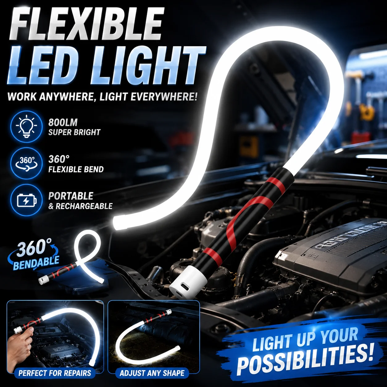360° Bendable Flexible LED Work Light 800LM Super Bright Rechargeable Handheld Inspection Lamp For Auto Repair Or Workshop