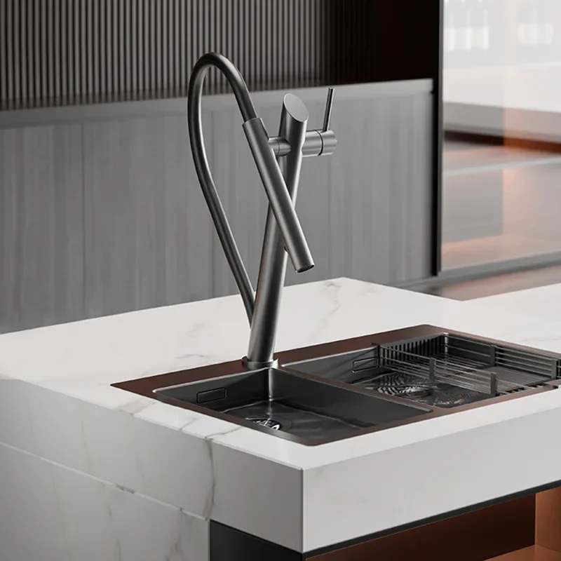 Brushed Gray Pull-out Design Brass Kitchen Faucet Dual Control Magnetic Suction Cold And Hot 2-Function Sink Tap