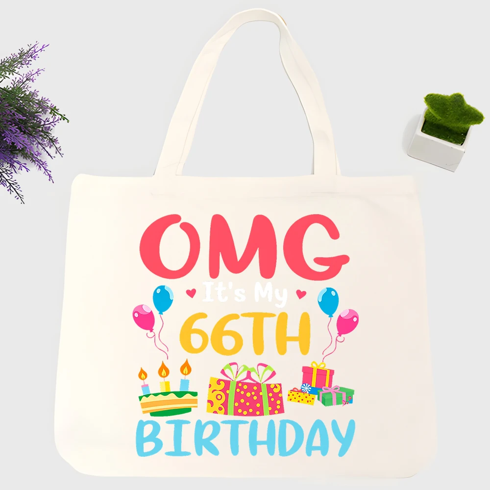 Women's birthday graphic canvas tote bag with balloons and presents, ideal for casual birthday celebrations and daily use