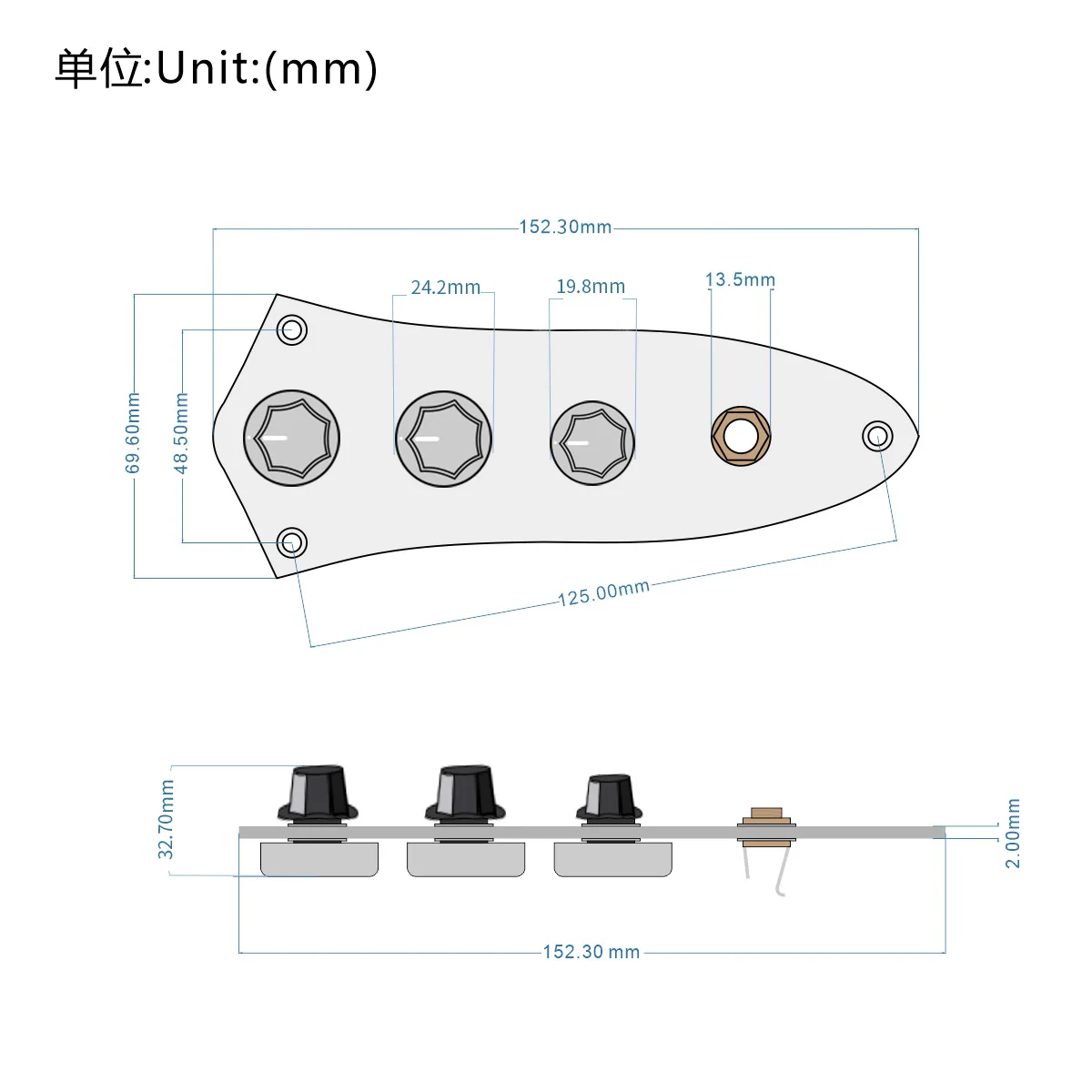 FLEOR JB Bass Loaded Prewired Control Plate For 4 String Bass, Chrome/Black