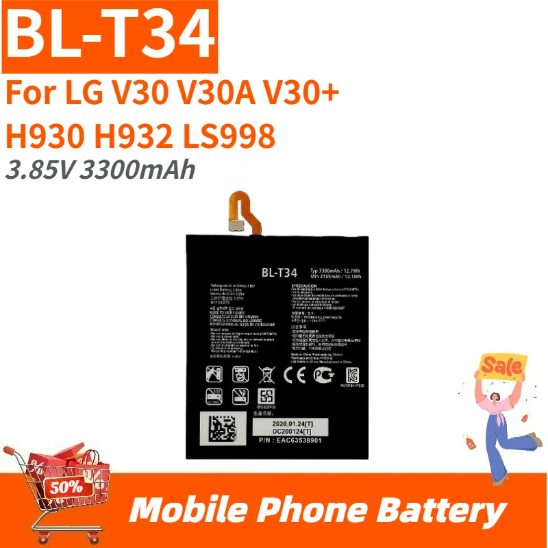 

Высококачественная аккумуляторная батарея BL-T34 для мобильного телефона 3.85V 3300mAh для LG V30 V30A V30+ H930 H932 LS998, новая сменная батарея