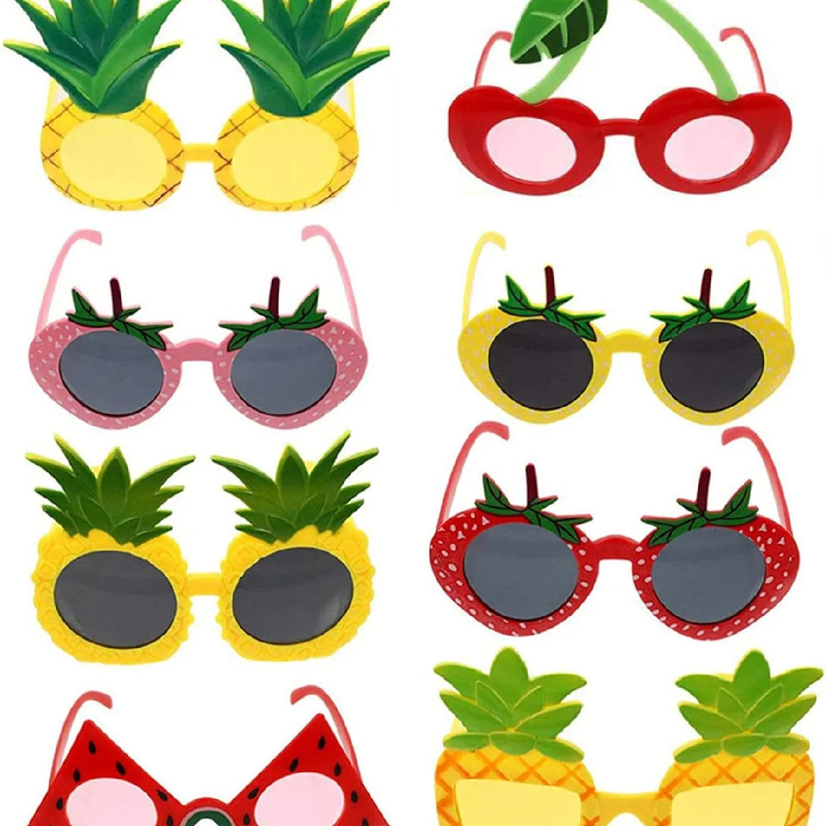 8Pcs Luau Party Fruit Shaped Glasses - Plastic Hawaiian Beach Photo Booth Props Fun Pineapple, Strawberry and Watermelon Eyewear