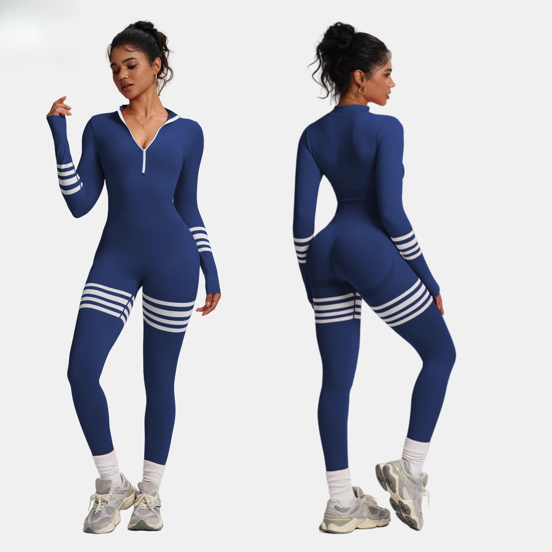 

Seamless Striped Zipper Yoga Suit For Women Outdoor Sleeve Rompers Womens Jumpsuit Long Pants Sports Fitness