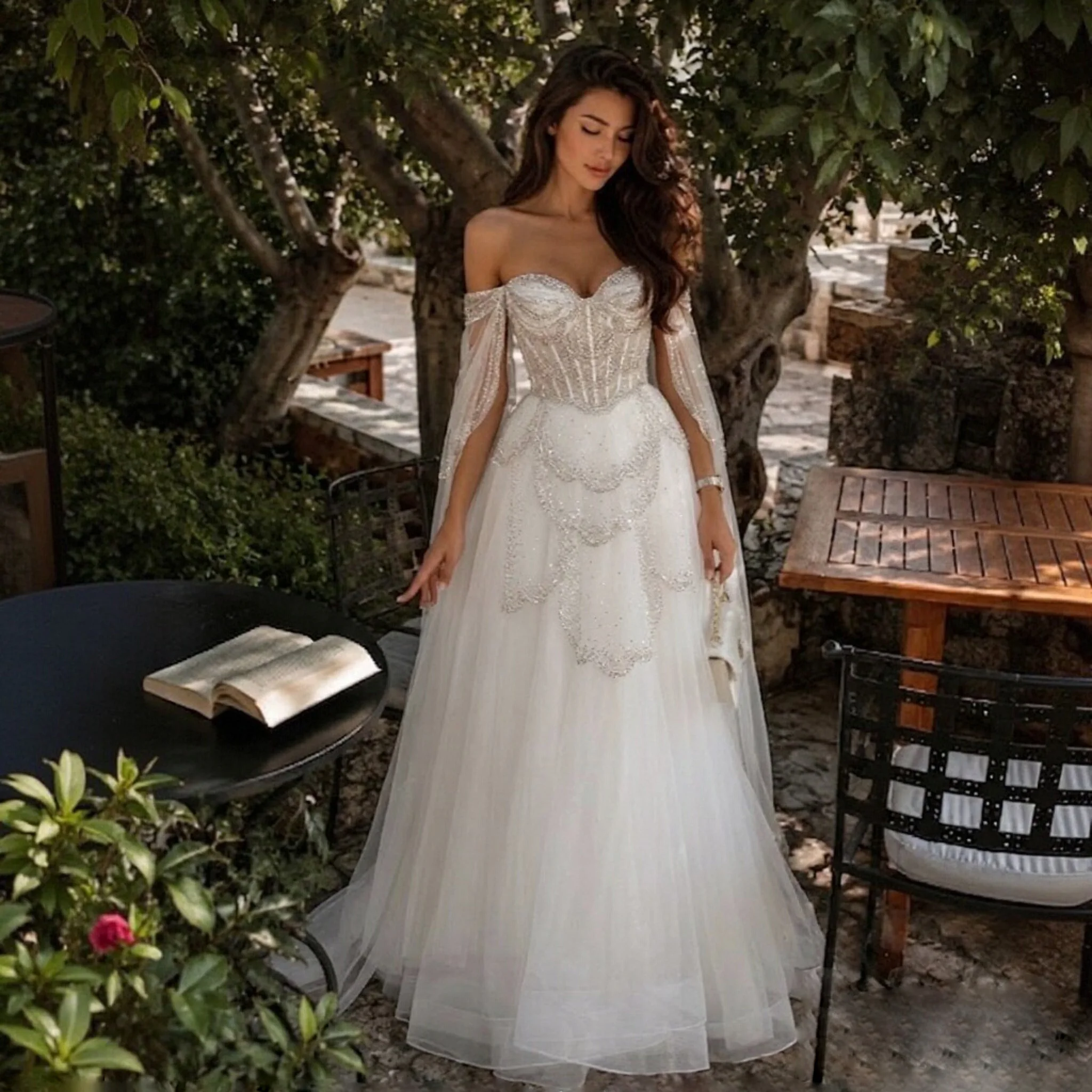 engagement dress for bridal Sharon Said White Tulle Elegant Wedding Dresses 2026 Luxury Formal Evening Gown with Lace-Up Beaded SS215 Customized Girl Size:E Regular image-duplicate2025 Stone Cold Fox x offering a refined and