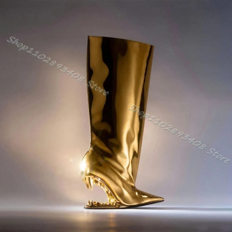 

Gold Strange Style Heels Boots Slip on Dental Decor Catwalk Boots Women Pointed Toe Fashion Shoes 2023 Zapatos Para Mujere